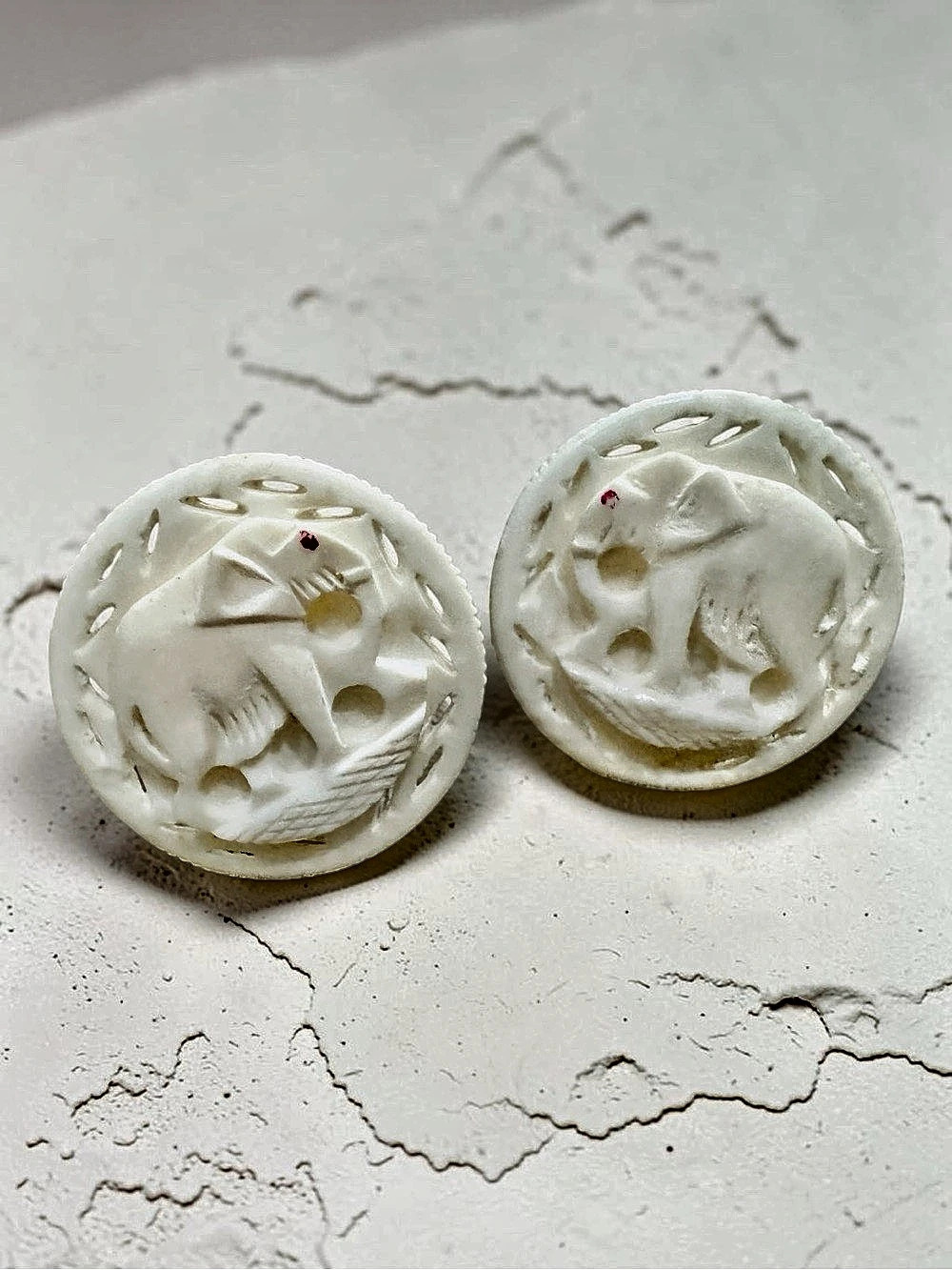 Vintage Art Deco Elephant Carved Celluloid Clip-On Earrings